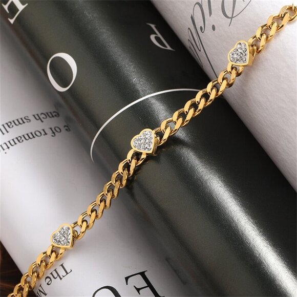 Yellow Gold Casual Women's Engraved Heart & Rhinestone Steel Chain Necklace - Picture 3 of 6